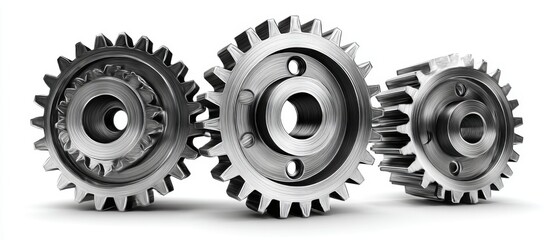 Three Metal Gears Interlocking on White Background Close Up Studio Shot Engineering Precision Mechanics Industrial Concept