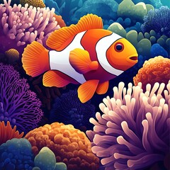 Colorful clownfish amidst a vibrant coral reef.