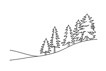 Obraz premium Simple outline illustration of pine trees on a sloping hillside in black and white