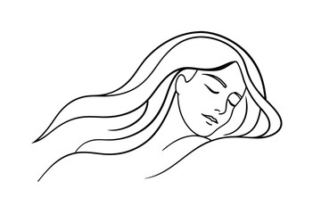 Simple elegant illustration of a sleeping woman with flowing hair and closed eyes.