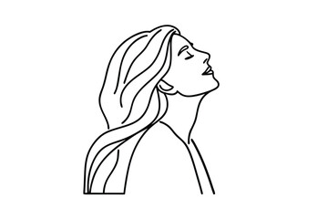 Minimalist line art illustration of a woman with long flowing hair looking upwards