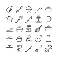 Set of 25 Kitchenware Outline Icons – Cooking, Utensils, Appliances & Tableware – Editable Stroke Vector Collection