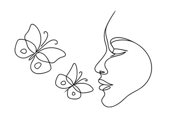 Minimalist line drawing of a woman's face and delicate butterflies on white background