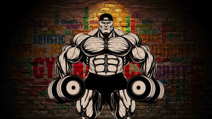 Bodybuilding fitness gym workout muscle man dumbbells strength training art
