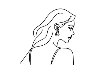 Elegant one line illustration of a woman with long flowing hair and earrings