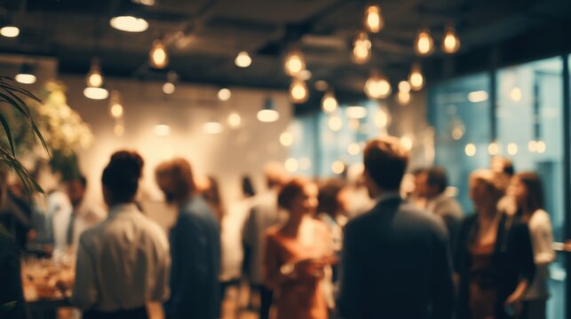 Blurred view of business people networking at a corporate event in an office space with warm lighting