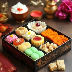 Assorted sweets in a decorative box.