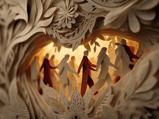 Paper people venture toward glowing light