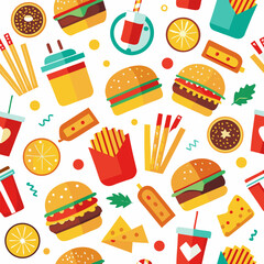 Delicious fast food and dessert icons form a seamless pattern of cartoon bakery and breakfast illustrations including hamburger, pizza, cupcake, and coffee