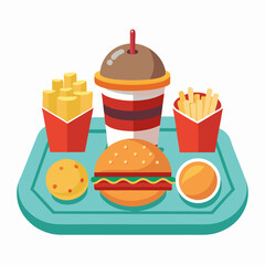 A vector cartoon set of fast food icons including hamburgers, pizza, hotdogs, and drinks, perfect for a meal or snack illustration