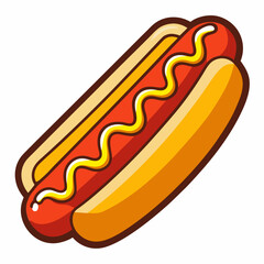 Hot dog vector illustration with mustard on a bun, a delicious fast food snack