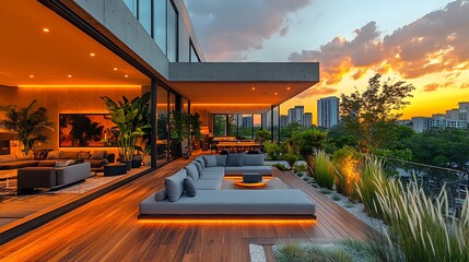 Urban rooftop wooden deck stylish evening glow
