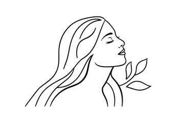 Elegant black and white line art portrait of a woman with botanical elements