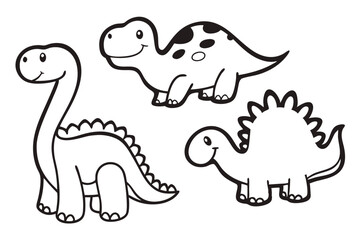 Cute Cartoon Dinosaurs Set Black and White Illustration