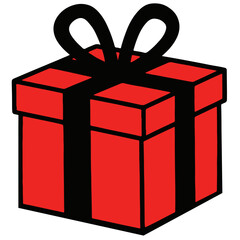 A red gift box with a black ribbon, illustrated in a simple style.