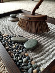 Zen Garden Raking with Sand and Stones Still Life Close Up Indoor Shot Home Decor Meditation Practice