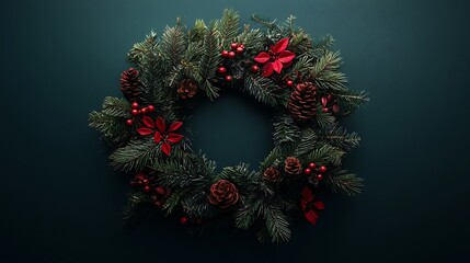 Festive christmas wreath with greenery, red berries, and pine cones.