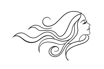 Elegant line art illustration of a woman's profile with flowing hair in black and white
