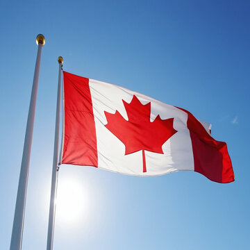 National flag of canada waving in the wind against a bright blue sky