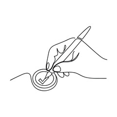 Hand drawing check mark on coin continuous line art minimalist approval concept