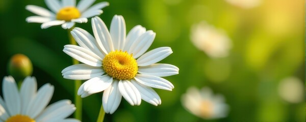 Close-up of blooming white daisies in sunlit green field.
