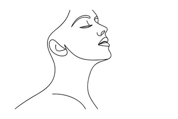 Elegant minimalist one line drawing of a woman's profile with closed eyes facing upward