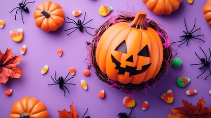 Halloween themed decorations arranged on a purple background.