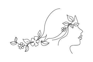 Delicate line art depicting a woman's profile adorned with floral and leafy elements
