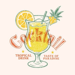 Vintage Summer Cocktail T shirt Design. Negroni cocktail Vintage vector with ice and slice of orange for cocktail bar or drink summer party.