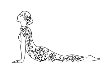 Elegant line art illustration of a woman performing yoga decorated with floral patterns