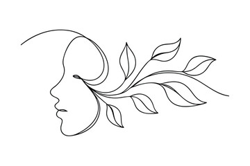 Elegant line art illustration of a female profile with leaves and natural elements
