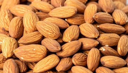 Fototapeta premium Healthy food background,texture - Close-up shot of raw almonds, showcasing the texture and natural patterns of the nuts. Perfect for culinary themes and health-focused content.