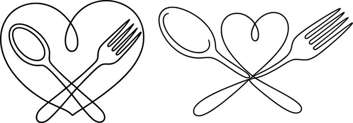 Heart Spoon and Fork One-Line Art, Minimalist Kitchen Love Logo Duo.