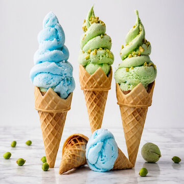 Plane pastel pink background. Wafel cone with two scoops of ice cream. Icream of mint and yellow color
