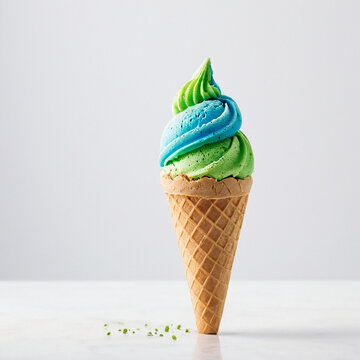 Plane pastel pink background. Wafel cone with two scoops of ice cream. Icream of mint and yellow color