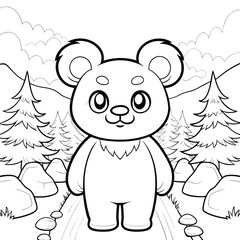 Fototapeta premium Adorable Cartoon Bear Coloring Page Forest Path Illustration