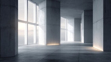 Obraz premium Minimalist interior with concrete columns and soft light, embodying serene geometric harmony 