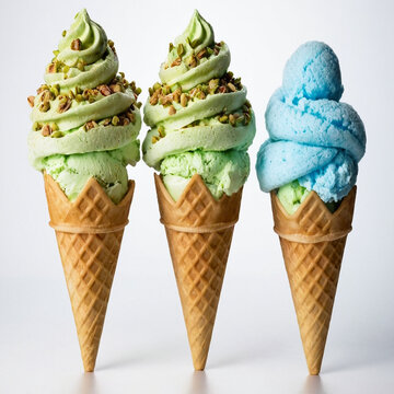 Plane pastel pink background. Wafel cone with two scoops of ice cream. Icream of mint and yellow color