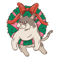 Fototapeta premium Adorable cat in a festive Christmas wreath