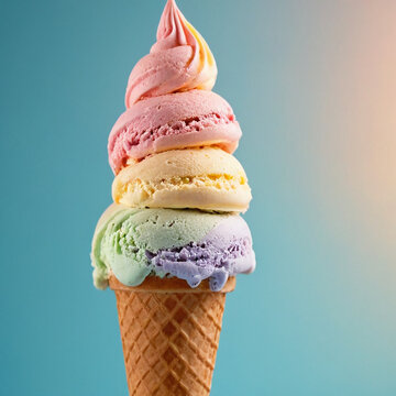 Plane pastel pink background. Wafel cone with two scoops of ice cream. Icream of mint and yellow color