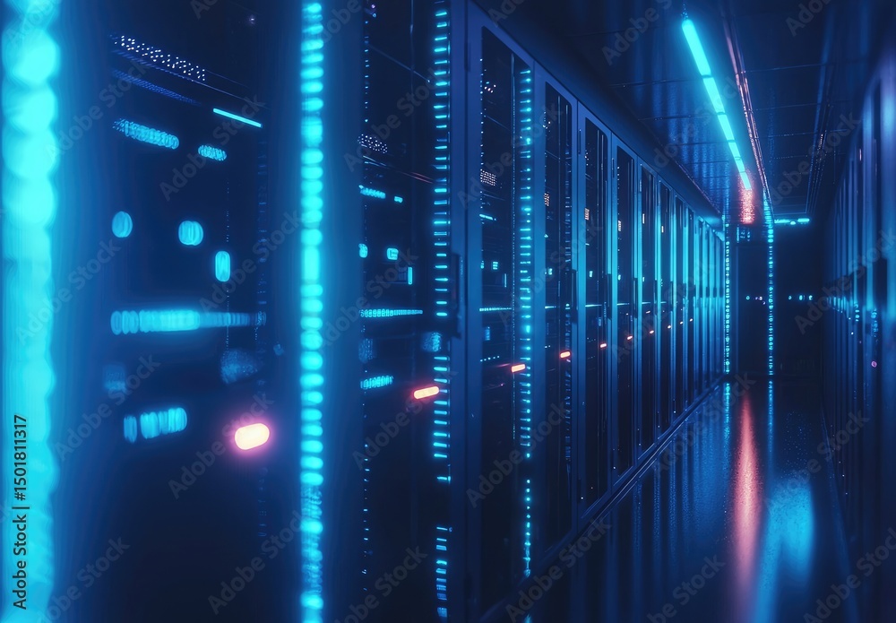 Aufkleber Long hallway of illuminated server racks glowing in vibrant blue light within a futuristic data center, great for visualizing digital networks, storage, or cloud computing