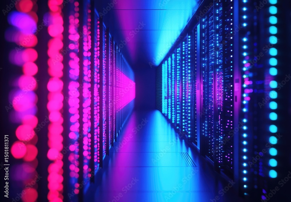 Aufkleber symmetrical corridor of data servers illuminated by intense pink and blue leds, ideal for digital tr
