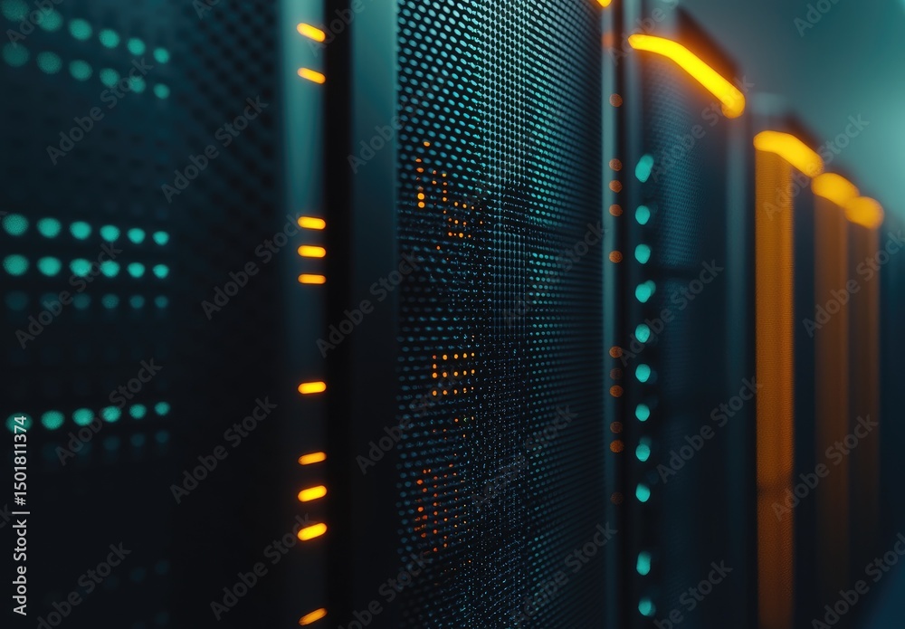 Leinwandbilder dark futuristic server racks with subtle teal and orange led lights in a quiet data room, suitable f