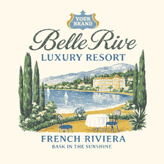 Watercolor hand painting resort sketch. Belle Rive graphic t shirt print design. Beach paradise resort. Endless summer artwork. french word typography for t shirt.  resort t-shirt design.