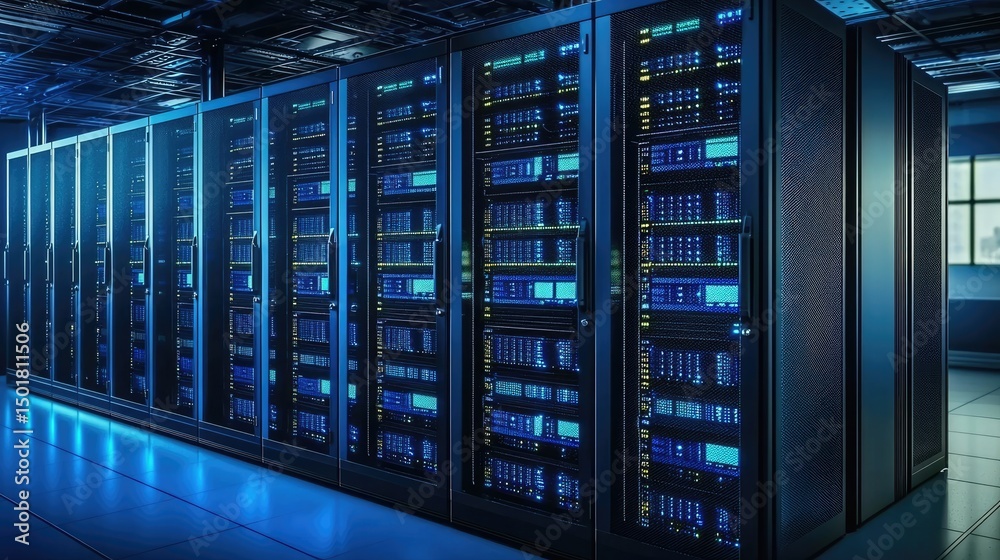 Poster high-tech data center with rows of glowing blue server racks and mesh doors in a modern facility, id