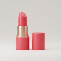 Obraz premium Coral lipstick with a golden tube, sitting open on a white background, ready to be applied.