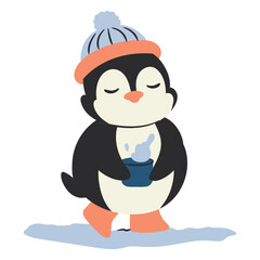 Cute winter penguin drinking hot cocoa illustration