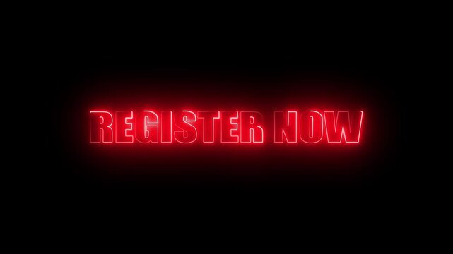 register now neon text animation.  Neon glowing  loop Register now.
