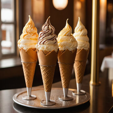 Plane pastel pink background. Wafel cone with two scoops of ice cream. Icream of mint and yellow color