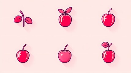 A collection of vibrant red apple illustrations on a soft pink background. Each apple features various styles, showcasing the beauty and freshness of this popular fruit.